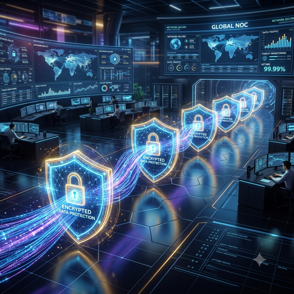 Secured fiber optic data cable network illustrating ISP-level enterprise cybersecurity and data protection mechanisms.