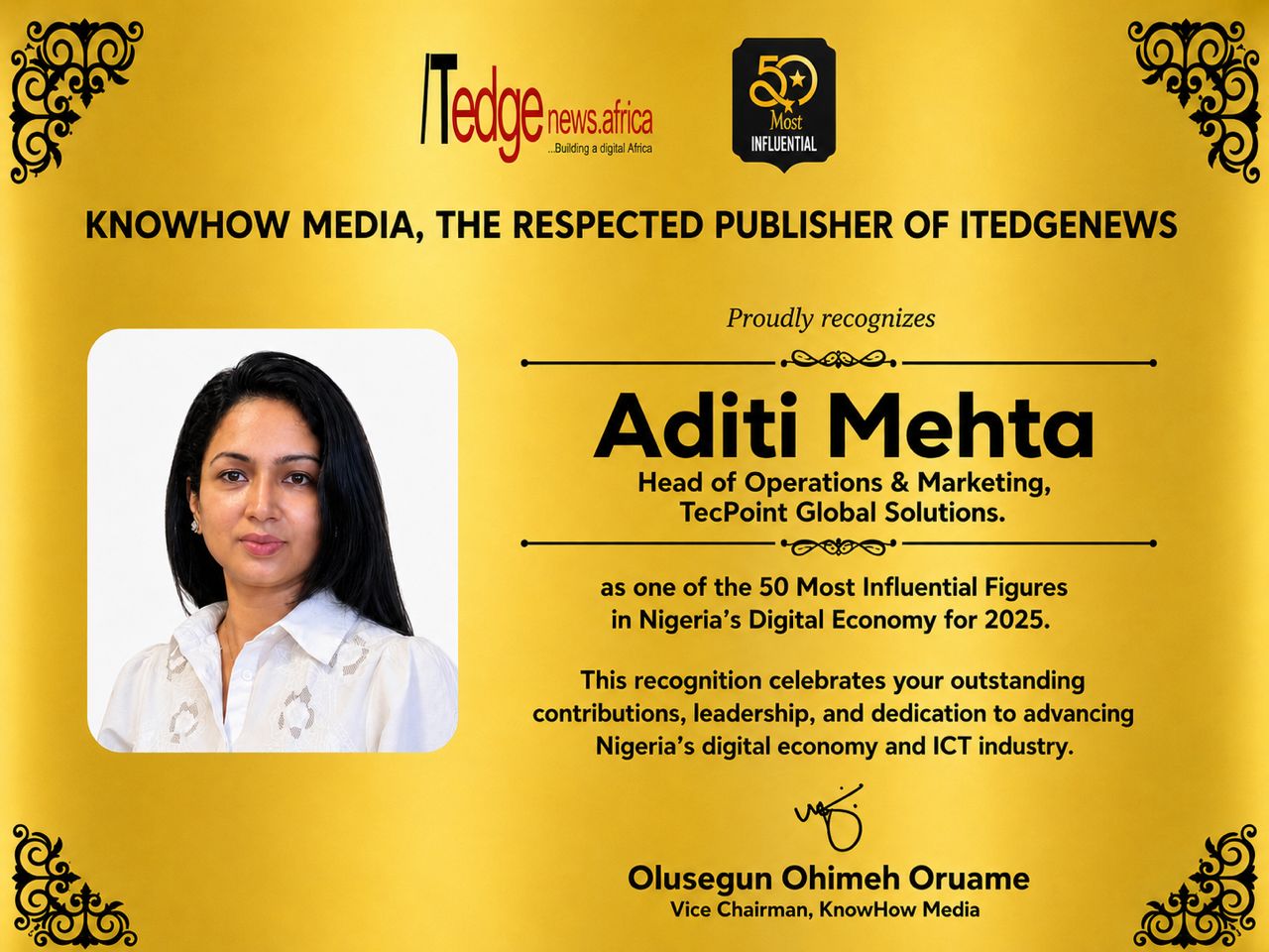 TecPoint Global Solutions celebrates Co-founder and Head of Operations, Mrs. Aditi Mehta, for being recognized among the 50 Most Influential Figures in Nigeria's Digital Economy for 2025 at the West Africa Convergence Conference (WACC) 2026, honoring her contributions to digital transformation and innovation.
