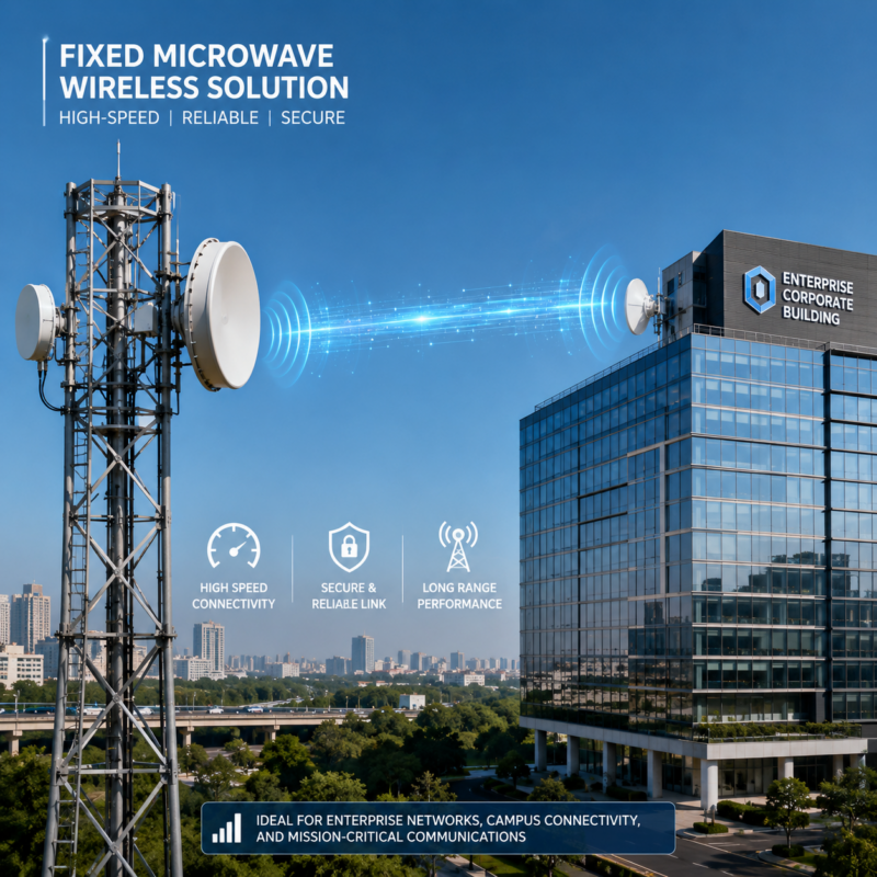 Diagram comparing enterprise dedicated fiber optics underground infrastructure and fixed wireless radio connectivity on a commercial building rooftop