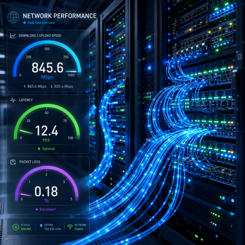 Labeled network diagram displaying Mbps throughput, bandwidth capacity, latency ping in milliseconds, and zero packet loss metrics for enterprise connectivity.
