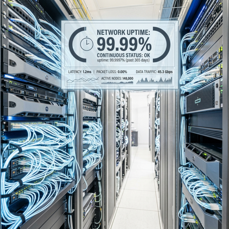 High-performance fiber optic cables illuminated inside an enterprise server room representing reliable ISP infrastructure