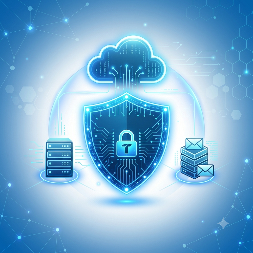 Digital security shield protecting corporate email servers and enterprise network connections against phishing attacks.