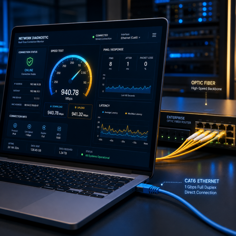 Digital marketer running an accurate internet speed test using an Ethernet cable connected to a high-speed enterprise fiber optic router.
