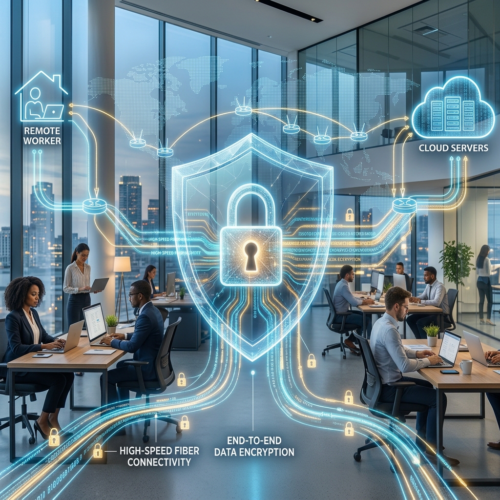Modern enterprise network diagram showing encrypted VPN tunnel securing data traffic across fiber internet and remote business devices.